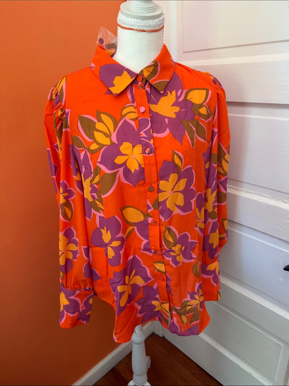Vibrant Orange Floral Button-Down Shirt